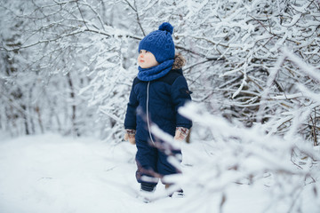 Little boy in a snowy winter forest among trees in hoarfrost