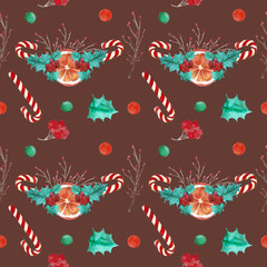 Fototapeta na wymiar Bright festive watercolor illustration with decorative elements on the theme of Christmas and new year