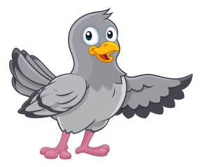 A pigeon dove bird cute cartoon character pointing with its wing