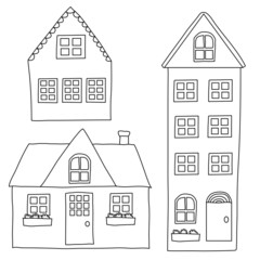 Set of three hand drawn houses. Vector illustration.