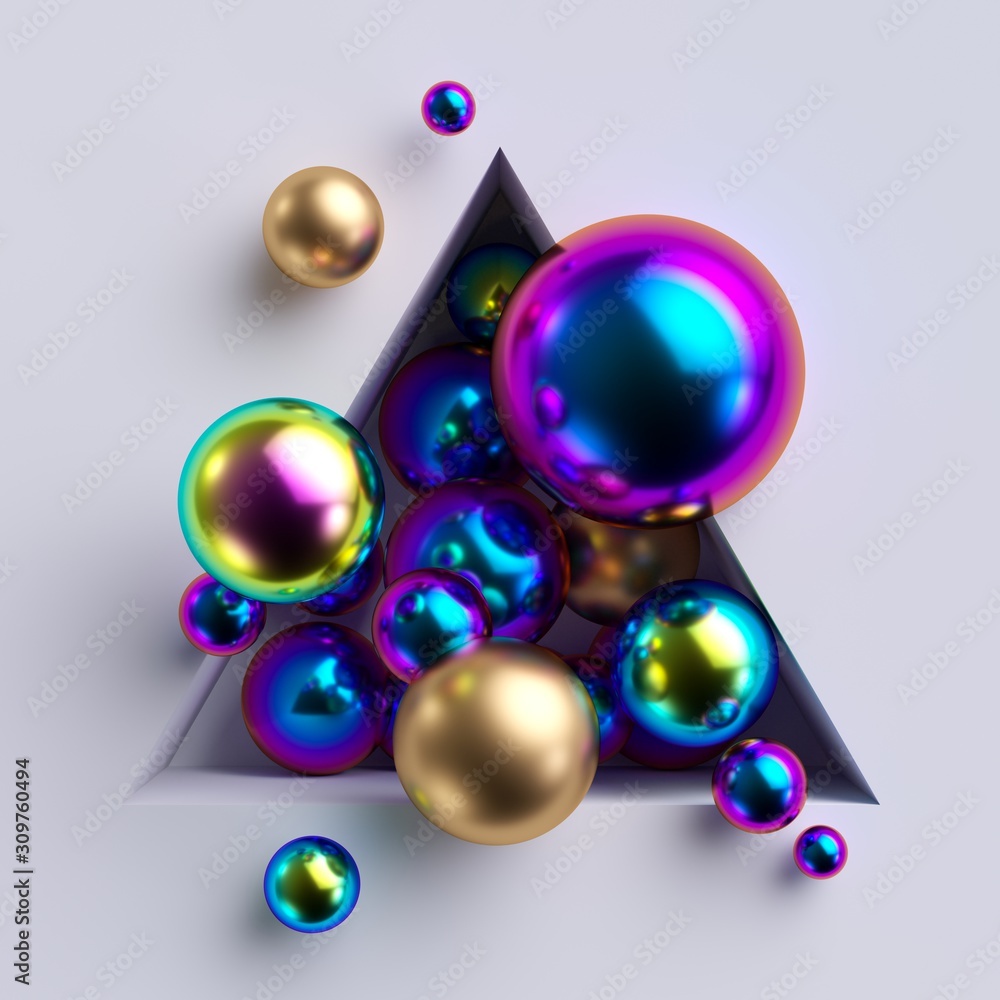 Poster 3d render, abstract background. bunch of colorful iridescent shiny metallic balls inside triangular 