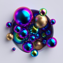 3d render, abstract background. Bunch of colorful iridescent shiny metallic balls inside round niche, isolated on white background. Minimal concept. Glass beads, beautiful gold pearls.
