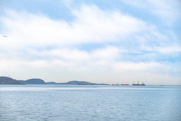 Vladivostok, Russia - May 07, 2019: Ship on the roadstead in the Amur Bay.