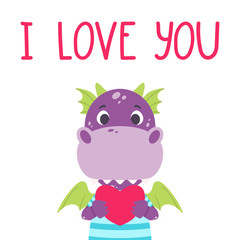 Cute violet dragon with heart and hand drawn lettering quote - I love you. Valentines day greeting card. Vector illustration isolated on white background for print, card and poster.