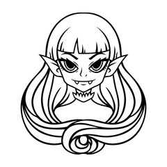 Vampire girl portrait. Halloween illustration for posters and stickers . Vector illustration isolated on white background. Outline, black and white drawing.