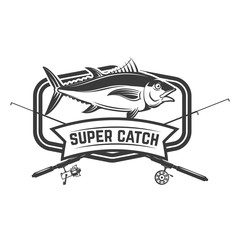 Fishing sport. Emblem template with fisherman and tuna fish. Design element for logo, label, sign, poster. Vector illustration
