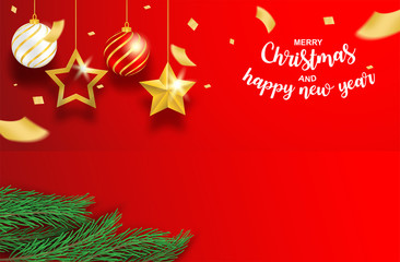 Happy new year and Merry Christmas. Design with christmas tree, star and ball on red background. vector. illustration.