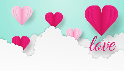 Happy Valentines .design with love text and hearts flying on green pastel  background. paper art style . vector.