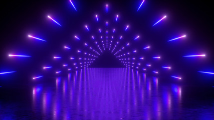 3d render, abstract neon background, performance stage, glowing violet blue lights, triangular tunnel, corridor, floor reflection