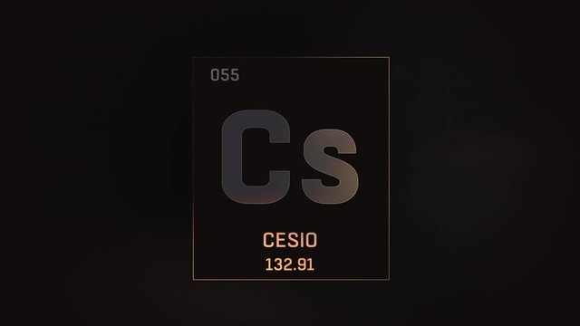 Cesium as Element 55 of the Periodic Table. Seamlessly looping 3D animation on grey illuminated atom design background with orbiting electrons. Name, atomic weight, element number in Spanish language