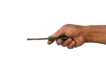 The hand of the mechanic is holding an old screw
