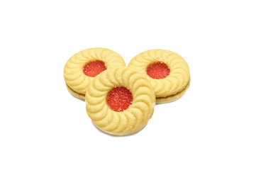 Lychee flavoured jam sanwiched between two cream cookies, Isolated on white background. Tasty treats that are just as fun to eat as they are delicious. They are a great on-the-go allergy free snack.