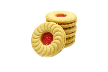 Lychee flavoured jam sanwiched between two cream cookies, Isolated on white background. Tasty treats that are just as fun to eat as they are delicious. They are a great on-the-go allergy free snack.