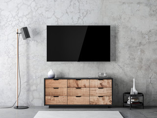 Smart Tv mockup hanging on concrete wall in living room with modern lamp and commode or console