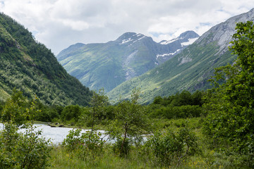 Fototapeta na wymiar Landschaft am Boyabreen Gletscher im Jostedalsbreen Nationalpark, Norwegen