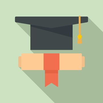Graduation hat diploma icon. Flat illustration of graduation hat diploma vector icon for web design