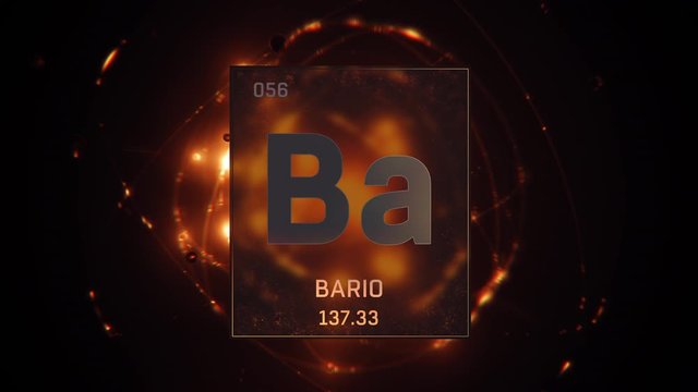 Barium as Element 56 of the Periodic Table. Seamlessly looping 3D animation on orange illuminated atom design background with orbiting electrons. Name, atomic weight, element number in Spanish languag