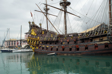 the port of Genoa in Italy. The ship from the movie Pirates of the Caribbean