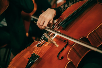 Symphony orchestra on stage, hands playing cello. Shallow depth of field, vintage style.
