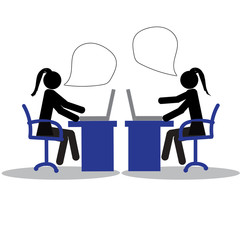 Business ladies working on their laptops. Attractive managers talking with speech bubbles.