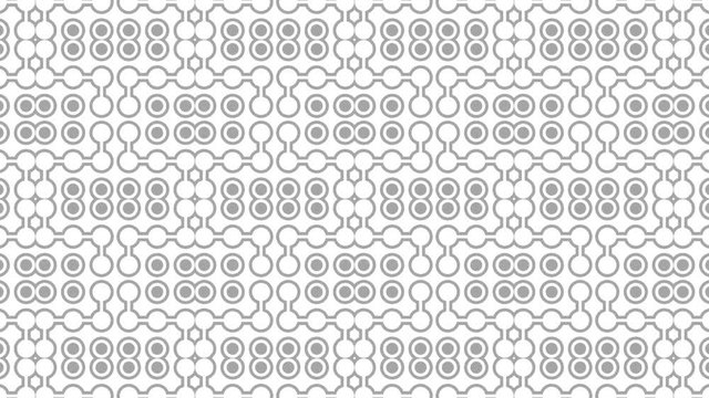 Graphic motif in black and white composed of chained circles with stroboscopic and hypnotic effect, which rotates clockwise and increases in size