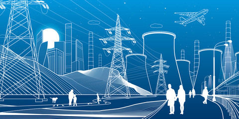 Energy illustration. Thermal power plant. Power line. Illuminated higway. People walking. Car overpass at background. Infrastructure urban scene. Vector design art