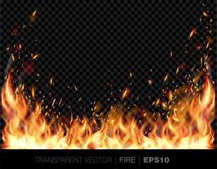 Vector transparent realistic fire flames with sparks  