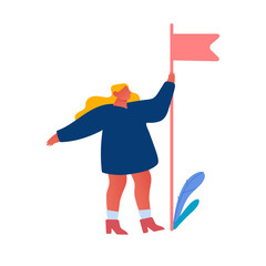 Businesswoman Holding Red Flag in Hand Enjoying Victory. Manager Employee on Peak of Success. Business Competition Winner, Corporate Challenge Goal Achievement Concept Cartoon Flat Vector Illustration