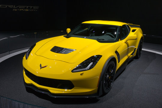 GENEVA, SWITZERLAND - MARCH 4, 2015: Corvette Z06 debuts at the 85th International Geneva Motor Show in Palexpo.