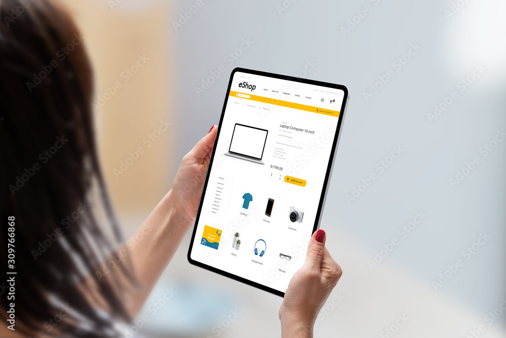 Poster modern online shop on tablet display in woman hands. flat design e-commerce web site with technology