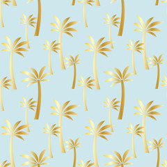 Seamless pattern with golden palm trees on a blue background. Colorful illustration. Vector EPS10.
