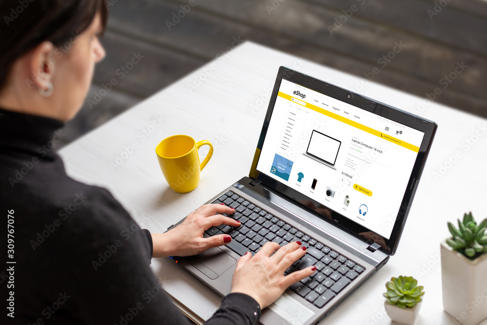 Poster woman shopping online with laptop computer from home. modern flat design e-commerce web site with te