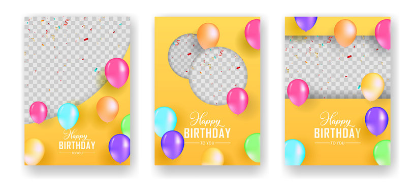 Birthday Party Brochure Templates Set. Photo Space Transparency Background. Flyer, Booklet, Leaflet Concept With Realistic Illustrations. Happy Birthday Celebration Invitation With Photo Space