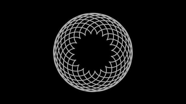 Graphic object in the shape of a crown, in black and white with stroboscopic and hypnotic effect, which rotates clockwise, decreasing the size from the full screen to the disappearance in the center.