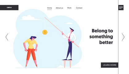 Economical Loan Payback Problem, Bankruptcy Website Landing Page. Office Worker Show Empty Pockets to Businessman Holding Rod with Coin Budget Collapse Web Page Banner Cartoon Flat Vector Illustration