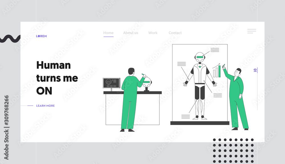 Poster engineers create robot in laboratory website landing page. artificial intelligence futuristic techno
