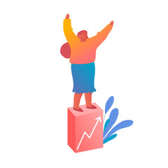 Young Business Woman Stand on Top of Financial Grow Column Chart Rejoice and Waving Hands. Businesswoman Data Analysis, Financial Success, Profit Statistic Diagram Cartoon Flat Vector Illustration