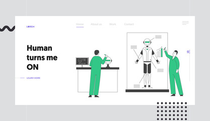 Engineers Create Robot in Laboratory Website Landing Page. Artificial Intelligence Futuristic Technology. Man Writing on Screen with Robot Web Page Banner. Cartoon Flat Vector Illustration, Line Art