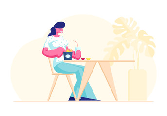 Obraz na płótnie Canvas Woman Visiting Fastfood Cafe Concept. Female Character Sit at Table Eating Fried Potato and Drinking Soda Beverage in Fast Food Restaurant on Weekend or Coffee Break Cartoon Flat Vector Illustration