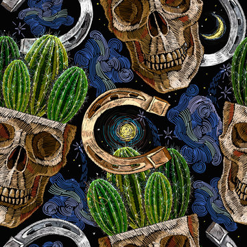 Human skull, cactus and  horseshoes seamless pattern.  Embroidery. Wild West art. Mexican style. Template for clothes, textiles, t-shirt design
