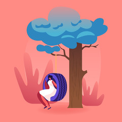 Woman Sitting on Environmentally Friendly Child Garden Swing Made of Recycled Car Tires Hanging on Rope at Tree in Playground People Reuse Old Tires for Domestic Needs Cartoon Flat Vector Illustration