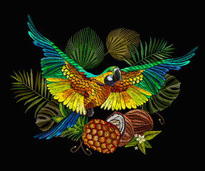 Tropical parrot, coconut and pineapple. Macaws. Jungle paradise art. Fashionable template for design of clothes, textiles