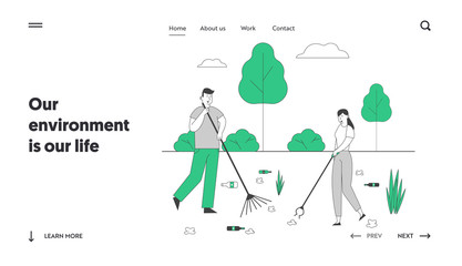 Recycling Ecology Protection Website Landing Page. Man and Woman Removing Trash from Ground Cleaning Earth with Rakes. People Saving Planet Web Page Banner. Cartoon Flat Vector Illustration, Line Art