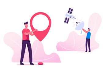 People using Satellite Connection for Gps Navigation and Telecommunication Services. Man Holding Huge Navigation Pin Male Character Trying to Catch Signal with Antenna Cartoon Flat Vector Illustration