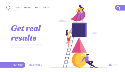 Creative People Teamwork Cooperate for Goal Achievement Website Landing Page. Successful Dream Team Building Pyramid, Leader in Red Cloak Stand on Top Web Page Banner. Cartoon Flat Vector Illustration