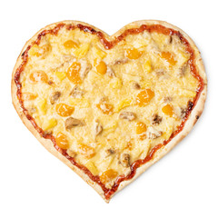 Fruit pizza in the form of a heart on a white background.