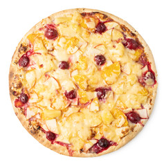 Tasty fruit pizza on a white background