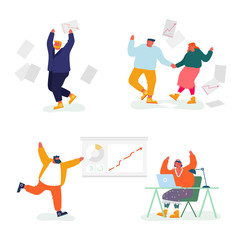 Fototapeta na wymiar Set of Joyful Happy Businesspeople Jumping and Rejoice for Successful Business Deal and Financial Success. Growing Arrow Chart, Positive Finance Investment Statistics. Cartoon Flat Vector Illustration
