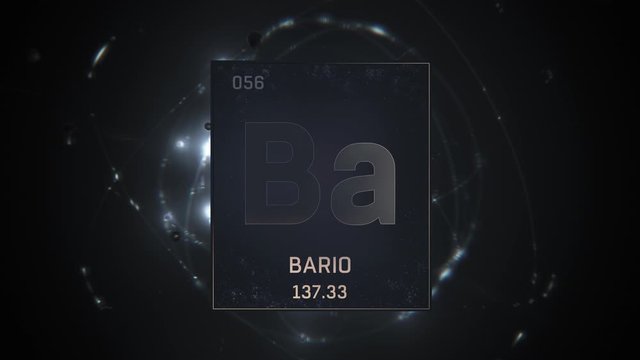 Barium as Element 56 of the Periodic Table. Seamlessly looping 3D animation on silver illuminated atom design background with orbiting electrons. Name, atomic weight, element number in Spanish languag