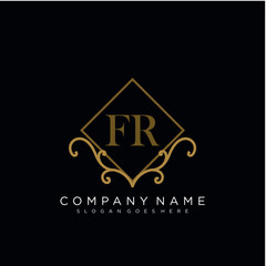 Initial letter FR logo luxury vector mark, gold color elegant classical